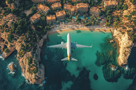 Airplane fly above beautiful nature landscape island, Tourism destination, Background for banner summer holiday vacation travel trip.の素材