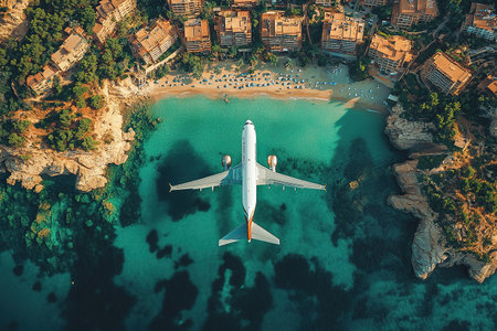 Airplane fly above beautiful nature landscape island, Tourism destination, Background for banner summer holiday vacation travel trip.の素材