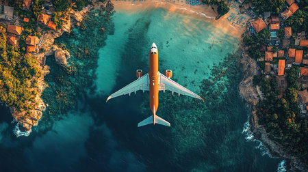 Airplane fly above beautiful nature landscape island, Tourism destination, Background for banner summer holiday vacation travel trip.の素材