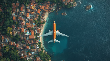 Airplane fly above beautiful nature landscape island, Tourism destination, Background for banner summer holiday vacation travel trip.の素材