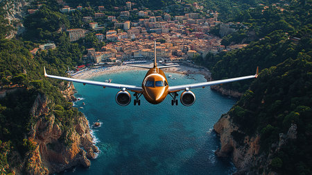 Airplane fly above beautiful nature landscape island, Tourism destination, Background for banner summer holiday vacation travel trip.の素材