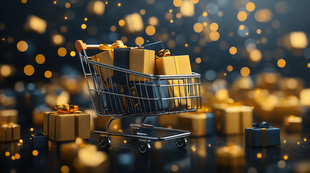 Christmas online shopping concept - full Shopping Cart and gift box. Using as background xmas concept with copy spaces for you. Winter holidays sales.の素材