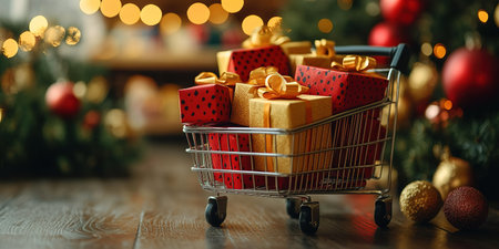 Christmas online shopping concept - full Shopping Cart and gift box. Using as background xmas concept with copy spaces for you. Winter holidays sales.の素材