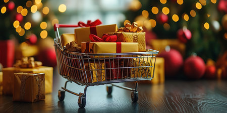 Christmas online shopping concept - full Shopping Cart and gift box. Using as background xmas concept with copy spaces for you. Winter holidays sales.の素材