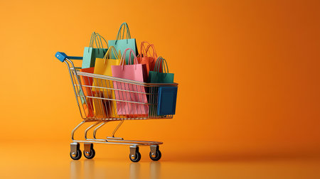 Miniature shopping bags in supermarket trolley on orange background. Black Friday, world shopping day, sale.の素材