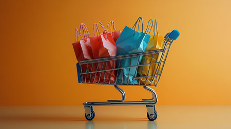 Miniature shopping bags in supermarket trolley on orange background. Black Friday, world shopping day, sale.の素材