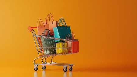 Miniature shopping bags in supermarket trolley on orange background. Black Friday, world shopping day, sale.の素材