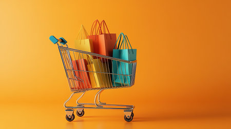Miniature shopping bags in supermarket trolley on orange background. Black Friday, world shopping day, sale.の素材
