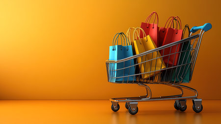 Miniature shopping bags in supermarket trolley on orange background. Black Friday, world shopping day, sale.の素材