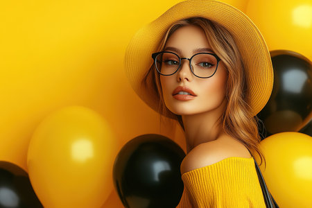 Beautiful young woman with shopping bags, black balloons and cardboard boxes on yellow background with space for text. Black Friday sale.の素材