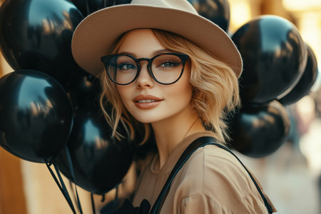Beautiful young woman with shopping bags, black balloons and cardboard boxes on yellow background with space for text. Black Friday sale.の素材