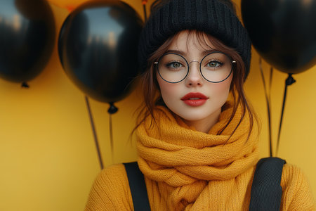 Beautiful young woman with shopping bags, black balloons and cardboard boxes on yellow background with space for text. Black Friday sale.の素材
