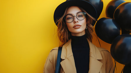 Beautiful young woman with shopping bags, black balloons and cardboard boxes on yellow background with space for text. Black Friday sale.の素材