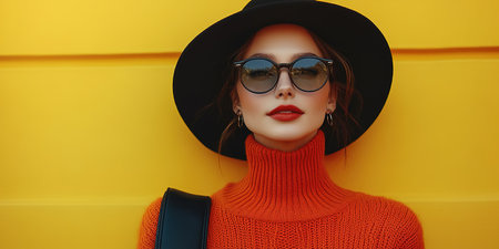 Beautiful young woman with shopping bags, black balloons and cardboard boxes on yellow background with space for text. Black Friday sale.の素材