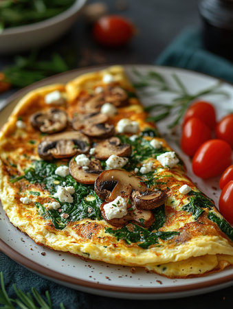 Fresh homemade omelette with mushrooms, feta cheese and herbs. A healthy protein breakfast with mushrooms and spinach.の素材