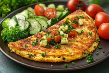 Fresh homemade omelette with mushrooms, feta cheese and herbs. A healthy protein breakfast with mushrooms and spinach.の素材