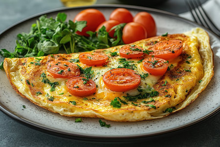 Fresh homemade omelette with mushrooms, feta cheese and herbs. A healthy protein breakfast with mushrooms and spinach.の素材