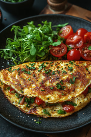 Fresh homemade omelette with mushrooms, feta cheese and herbs. A healthy protein breakfast with mushrooms and spinach.の素材