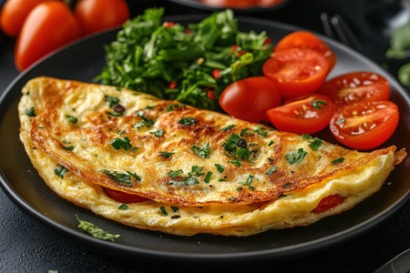 Fresh homemade omelette with mushrooms, feta cheese and herbs. A healthy protein breakfast with mushrooms and spinach.の素材