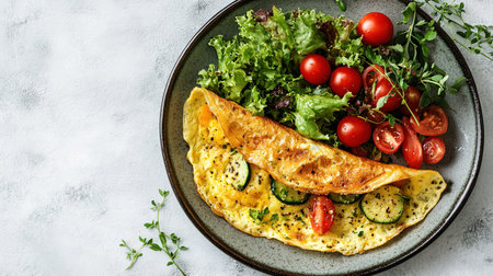 Fresh homemade omelette with mushrooms, feta cheese and herbs. A healthy protein breakfast with mushrooms and spinach.の素材