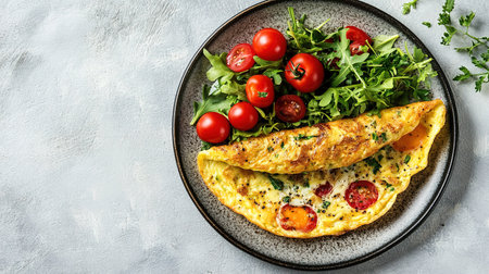 Fresh homemade omelette with mushrooms, feta cheese and herbs. A healthy protein breakfast with mushrooms and spinach.の素材