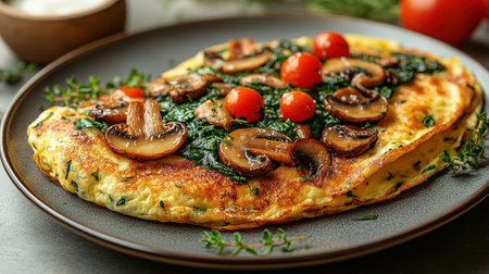 Fresh homemade omelette with mushrooms, feta cheese and herbs. A healthy protein breakfast with mushrooms and spinach.の素材