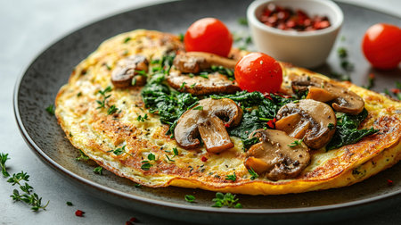 Fresh homemade omelette with mushrooms, feta cheese and herbs. A healthy protein breakfast with mushrooms and spinach.の素材
