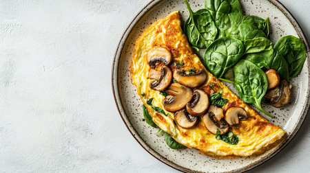 Fresh homemade omelette with mushrooms, feta cheese and herbs. A healthy protein breakfast with mushrooms and spinach.の素材