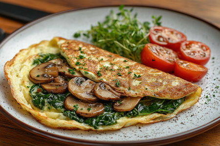 Fresh homemade omelette with mushrooms, feta cheese and herbs. A healthy protein breakfast with mushrooms and spinach.の素材