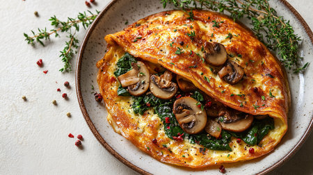 Fresh homemade omelette with mushrooms, feta cheese and herbs. A healthy protein breakfast with mushrooms and spinach.の素材