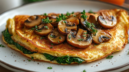 Fresh homemade omelette with mushrooms, feta cheese and herbs. A healthy protein breakfast with mushrooms and spinach.の素材