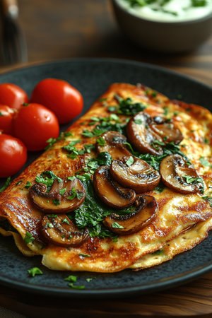 Fresh homemade omelette with mushrooms, feta cheese and herbs. A healthy protein breakfast with mushrooms and spinach.の素材