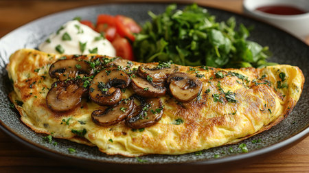 Fresh homemade omelette with mushrooms, feta cheese and herbs. A healthy protein breakfast with mushrooms and spinach.の素材