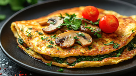 Fresh homemade omelette with mushrooms, feta cheese and herbs. A healthy protein breakfast with mushrooms and spinach.の素材