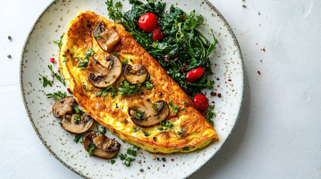 Fresh homemade omelette with mushrooms, feta cheese and herbs. A healthy protein breakfast with mushrooms and spinach.の素材