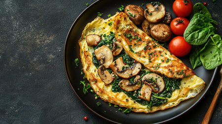 Fresh homemade omelette with mushrooms, feta cheese and herbs. A healthy protein breakfast with mushrooms and spinach.の素材