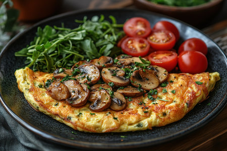 Fresh homemade omelette with mushrooms, feta cheese and herbs. A healthy protein breakfast with mushrooms and spinach.の素材