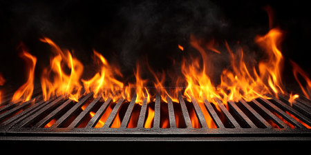 Hot empty portable barbecue BBQ grill with flaming fire and ember charcoal on black background. Waiting for the placement of your food. Close upの素材