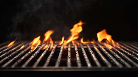 Hot empty portable barbecue BBQ grill with flaming fire and ember charcoal on black background. Waiting for the placement of your food. Close upの素材