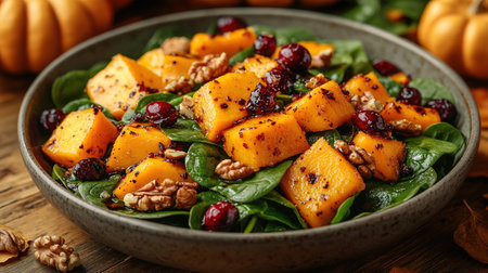 Roasted pumpkin salad with spinach and walnut on a black plate on a old wooden background. Top view.の素材