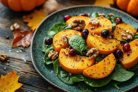 Roasted pumpkin salad with spinach and walnut on a black plate on a old wooden background. Top view.の素材