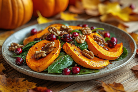 Roasted pumpkin salad with spinach and walnut on a black plate on a old wooden background. Top view.の素材