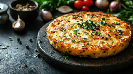 An overhead photo of a Spanish tortilla in a traditional tortilla, with parsley, on dark rustic textures with ingredients.の素材