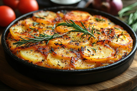 An overhead photo of a Spanish tortilla in a traditional tortilla, with parsley, on dark rustic textures with ingredients.の素材