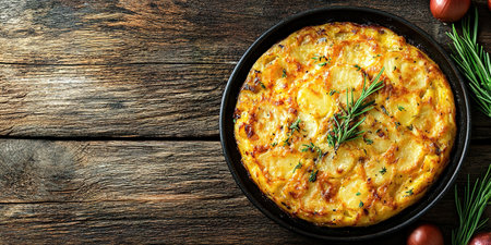 An overhead photo of a Spanish tortilla in a traditional tortilla, with parsley, on dark rustic textures with ingredients.の素材