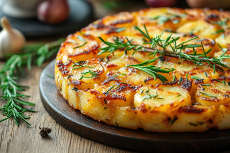 An overhead photo of a Spanish tortilla in a traditional tortilla, with parsley, on dark rustic textures with ingredients.の素材