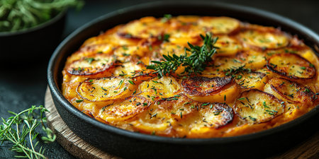 An overhead photo of a Spanish tortilla in a traditional tortilla, with parsley, on dark rustic textures with ingredients.の素材