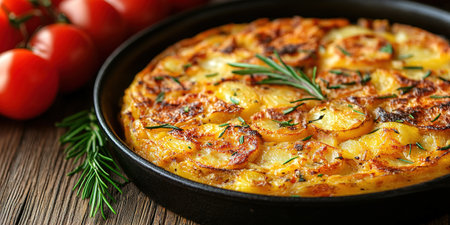 An overhead photo of a Spanish tortilla in a traditional tortilla, with parsley, on dark rustic textures with ingredients.の素材