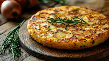 An overhead photo of a Spanish tortilla in a traditional tortilla, with parsley, on dark rustic textures with ingredients.の素材
