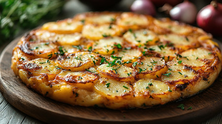 An overhead photo of a Spanish tortilla in a traditional tortilla, with parsley, on dark rustic textures with ingredients.の素材